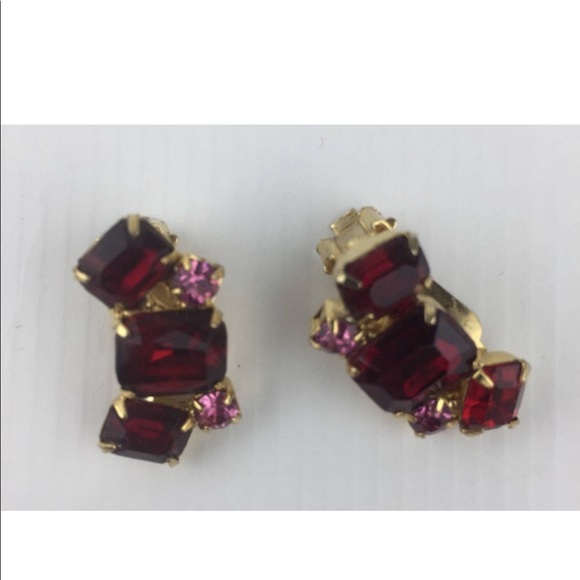 ! VTG 1950’s Brooch and Earring Set with Ruby Red and Pink Rhinestones by Cora - Picture 4 of 7